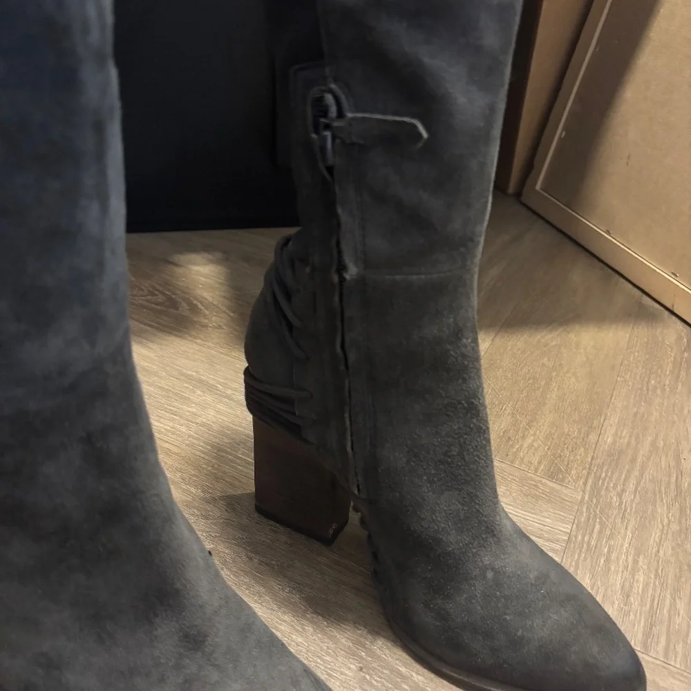 Dolce Vita Over the Knee Gray Suede Boots with Cord Detail around Heel